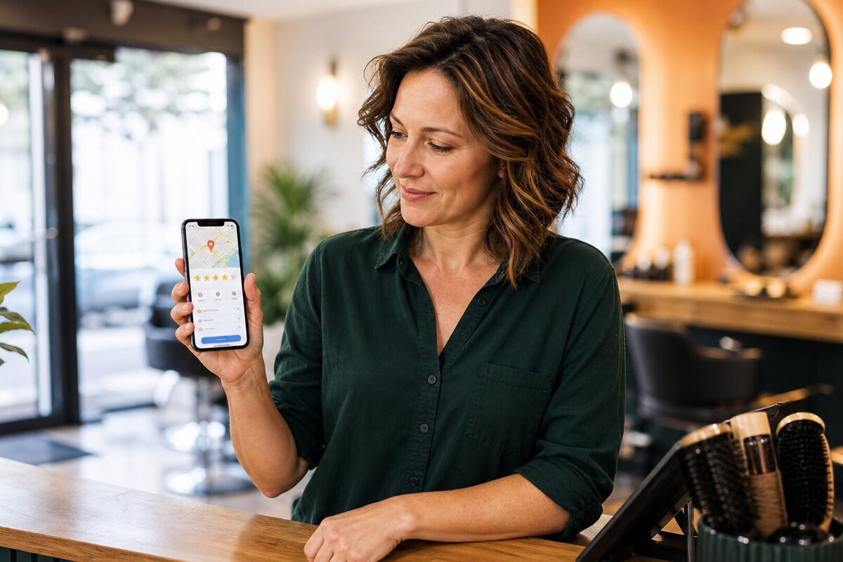 Onderneemster bekijkt haar Google Bedrijfsprofiel op haar smartphone in haar kapsalon